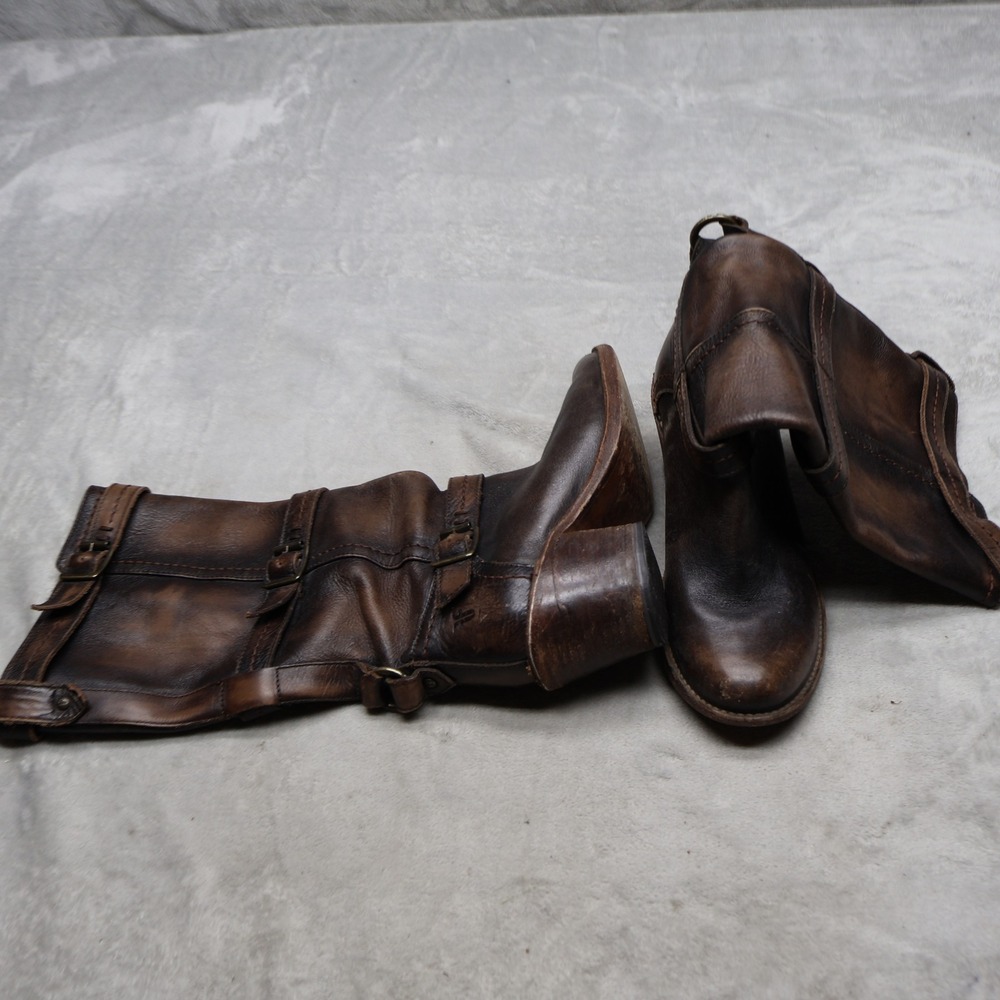 Frye Womens 6.5B Moto Boots Brown Leather Triple Buckle Strap Tall 77851 VTG